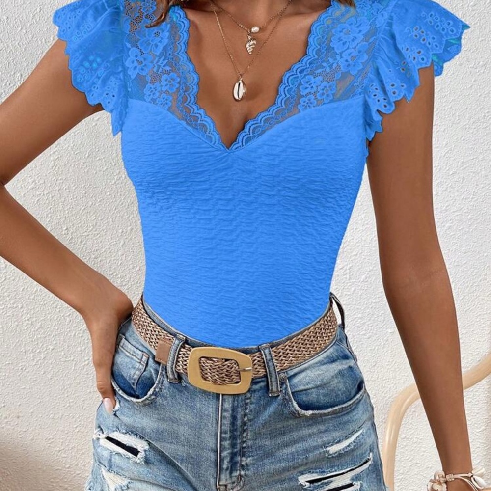 NWT Elegant Blue Lace Trim Women's Top